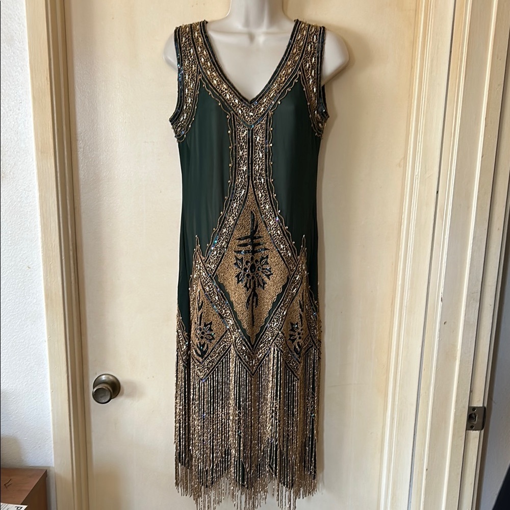 Unique Vintage 1920’s green and gold hand beaded Somerset Flapper dress …